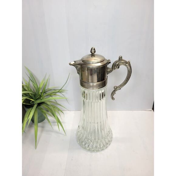 Vintage Glass Ribbed Carafe Pitcher, Silver Plated Cover & Ice Wand - Picture 1 of 5